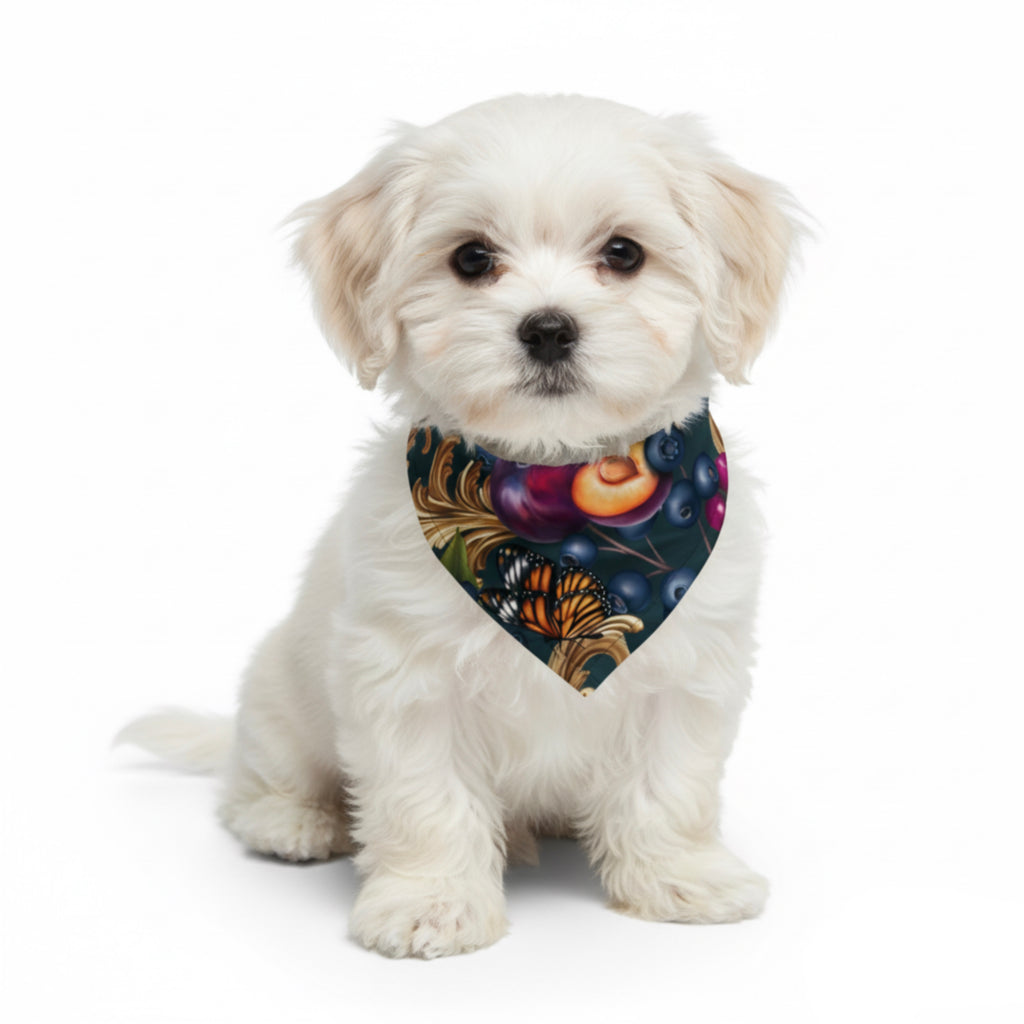 Maltese dog wearing a colorful bandana on a white background